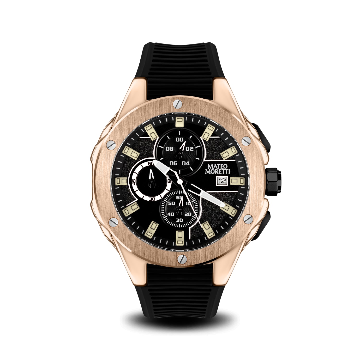 Sillaro Rosa Oro luxury chronograph watch front view with rose gold case and black strap by Mateo Moretti