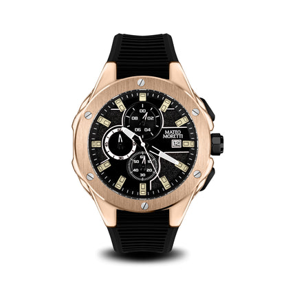 Sillaro Rosa Oro luxury chronograph watch front view with rose gold case and black strap by Mateo Moretti