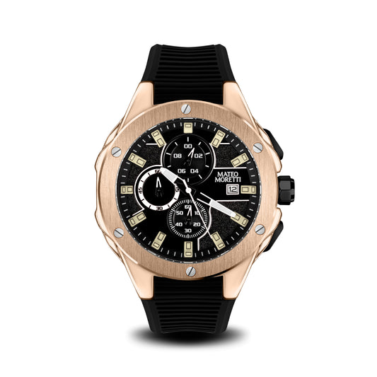 Sillaro Rosa Oro luxury chronograph watch front view with rose gold case and black strap by Mateo Moretti