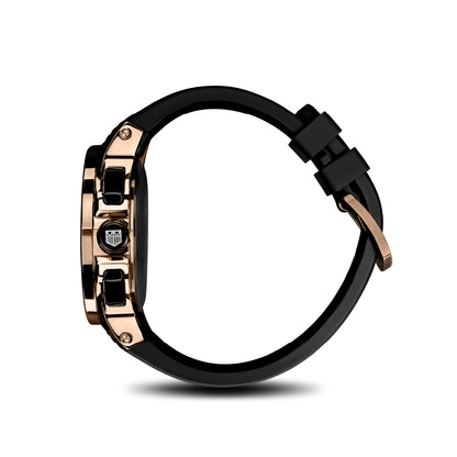 Side profile of Sillaro Rosa Oro chronograph watch with rose gold case and black rubber strap Mateo Moretti
