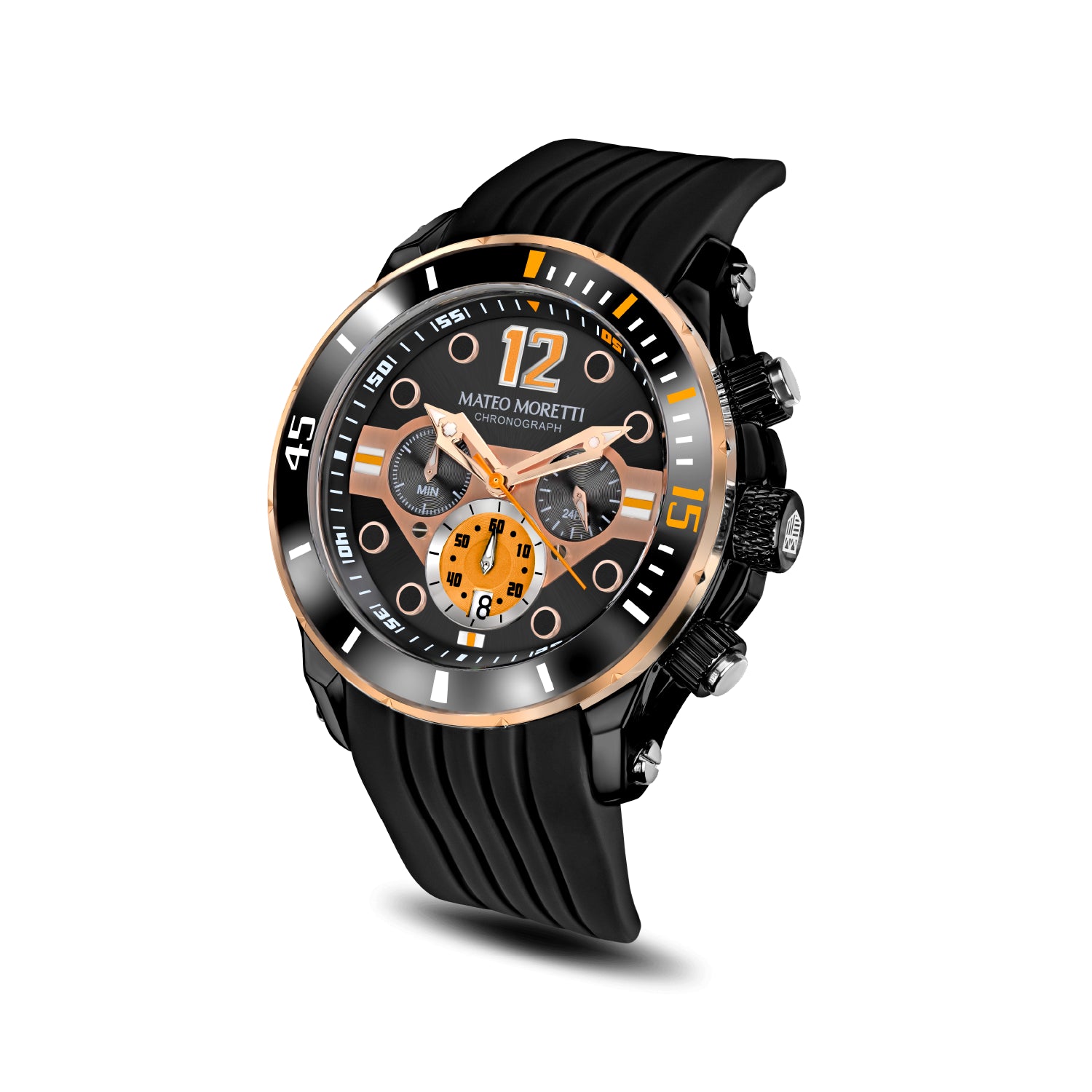 Mateo Moretti Natisone Arancione men’s watch with black rubber strap and orange skeleton dial – angled product photo