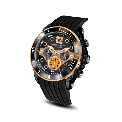 Mateo Moretti Natisone Arancione men’s watch with black rubber strap and orange skeleton dial – angled product photo