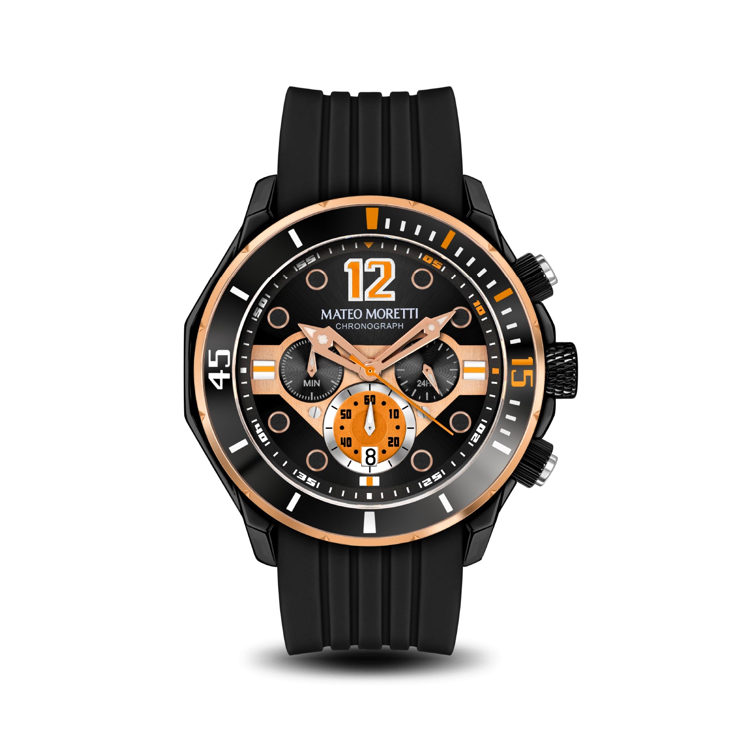 Mateo Moretti Natisone Arancione luxury men’s watch with black strap and orange skeleton dial – front view