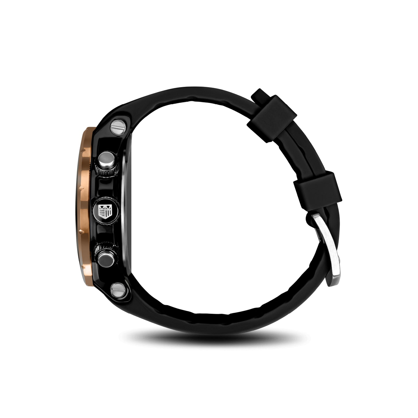 Side view of Mateo Moretti Natisone Arancione luxury men’s watch with black strap and orange skeleton dial
