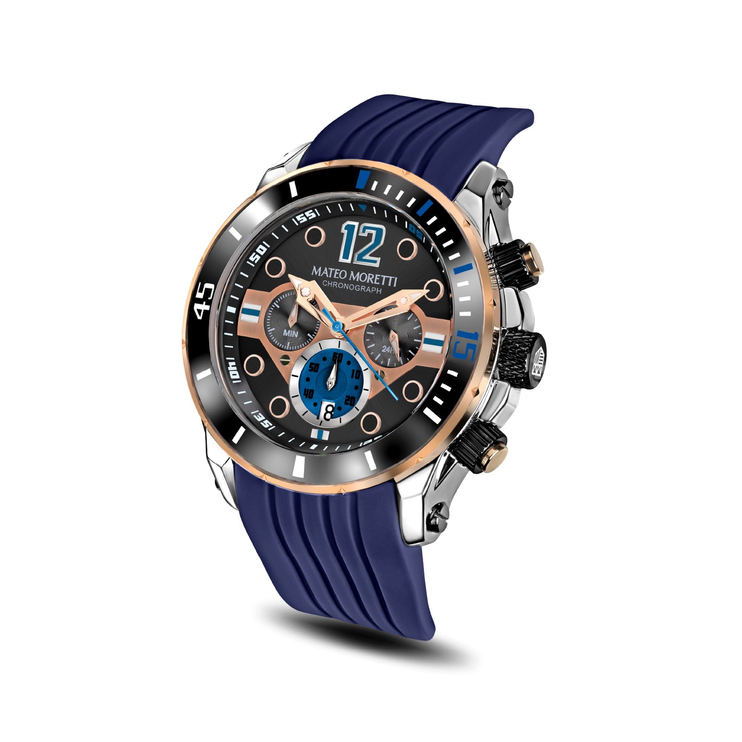 Mateo Moretti Natisone Azzurro men’s watch with blue rubber strap and skeleton dial – angled product photo