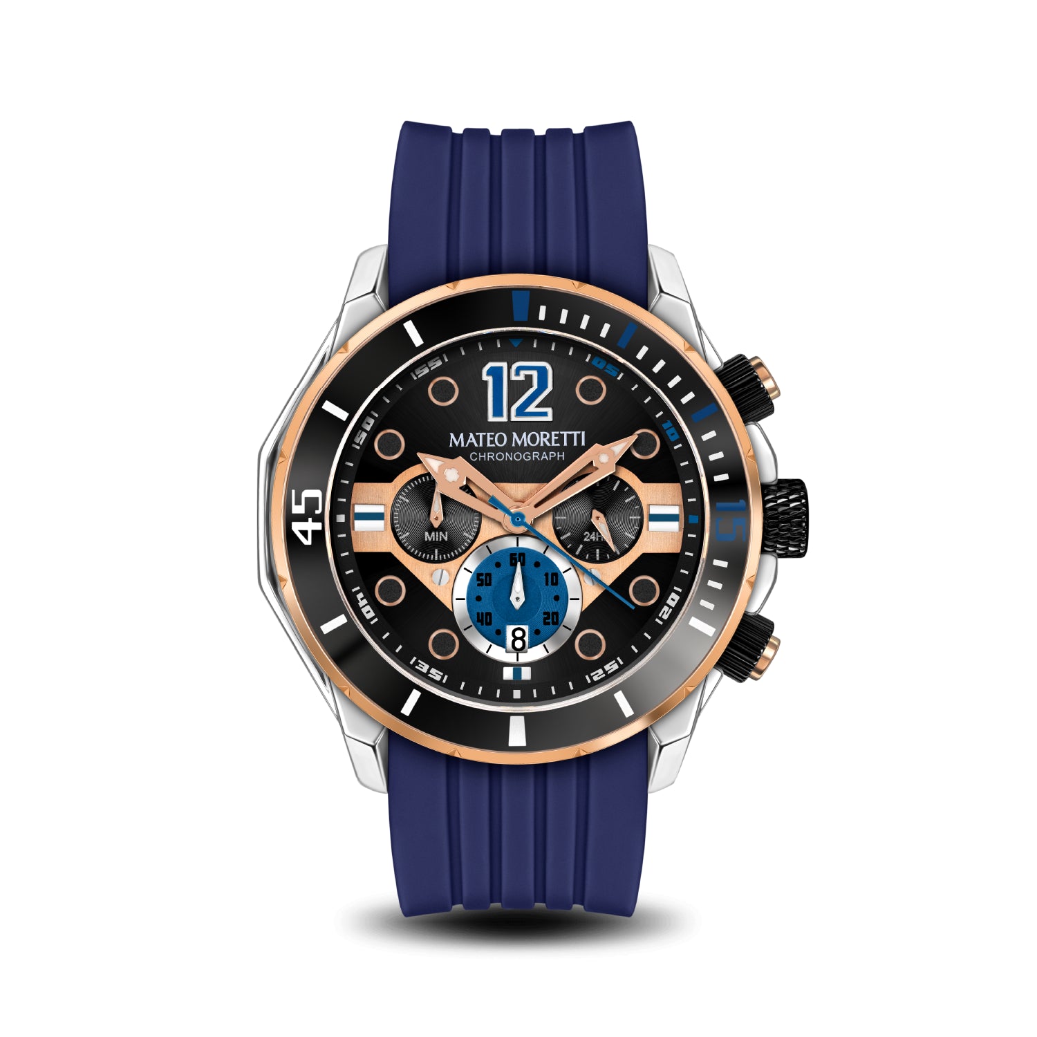 Mateo Moretti Natisone Azzurro luxury men’s watch with blue strap and skeleton dial – front view