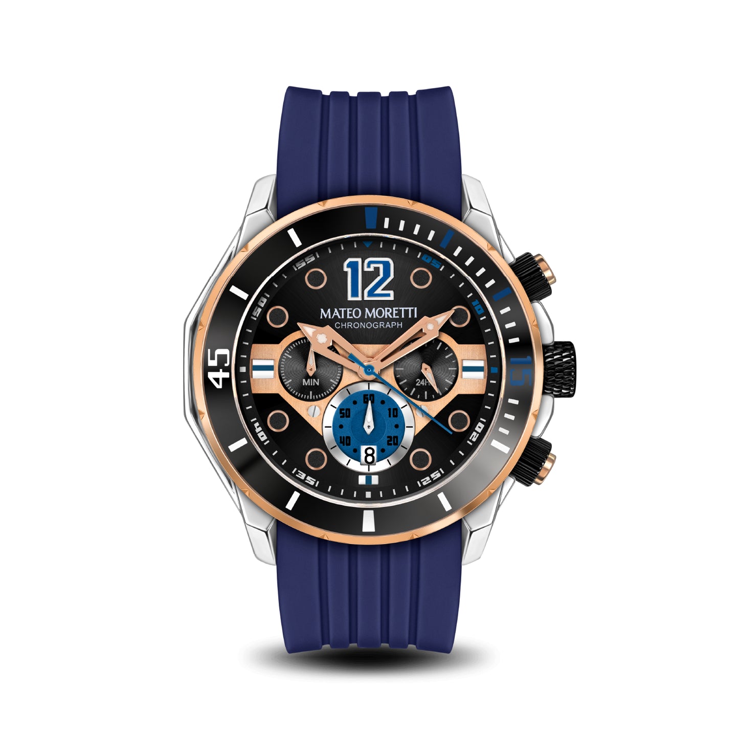 Mateo Moretti Natisone Azzurro luxury men’s watch with blue strap and skeleton dial – front view