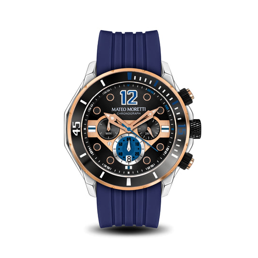 Mateo Moretti Natisone Azzurro luxury men’s watch with blue strap and skeleton dial – front view
