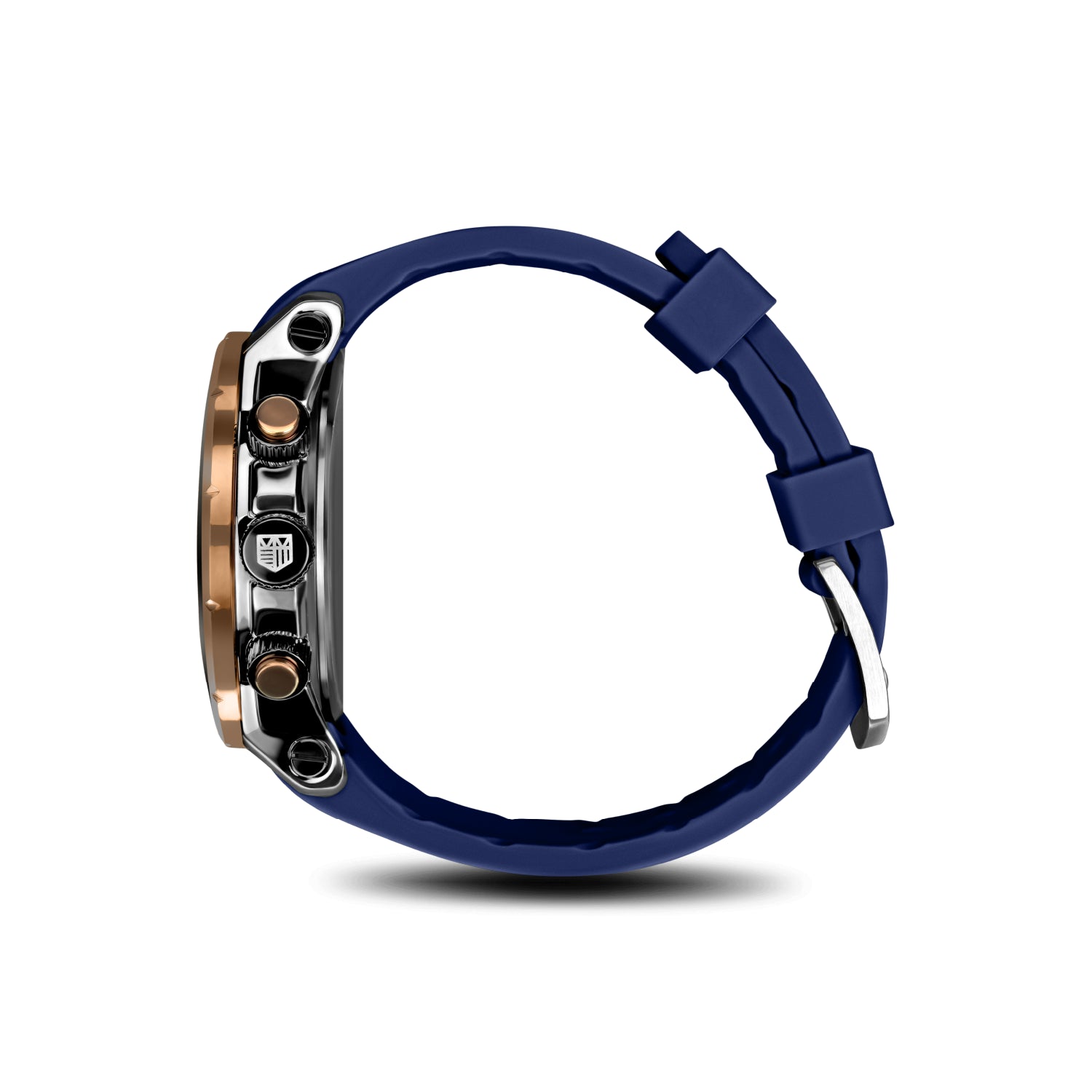 Side view of Mateo Moretti Natisone Azzurro luxury men’s watch with blue strap and skeleton dial
