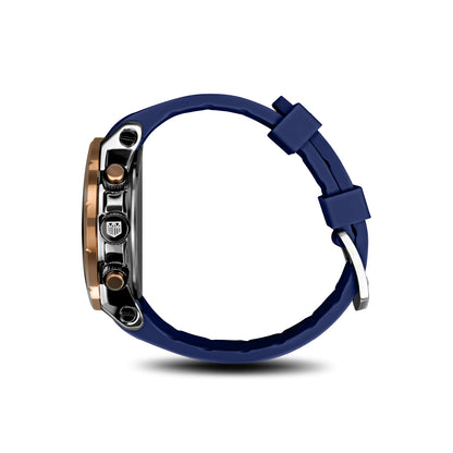 Side view of Mateo Moretti Natisone Azzurro luxury men’s watch with blue strap and skeleton dial