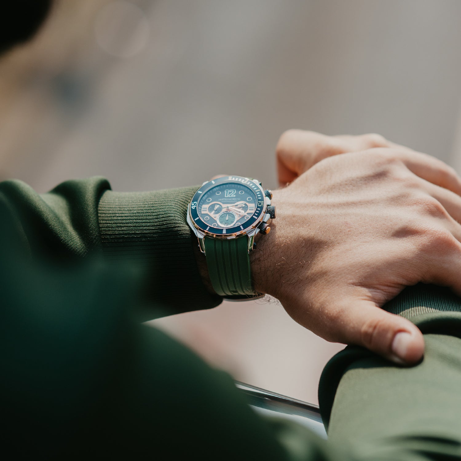 Mateo Moretti Natisone Sillaro luxury men’s watch with green strap and skeleton dial while driving