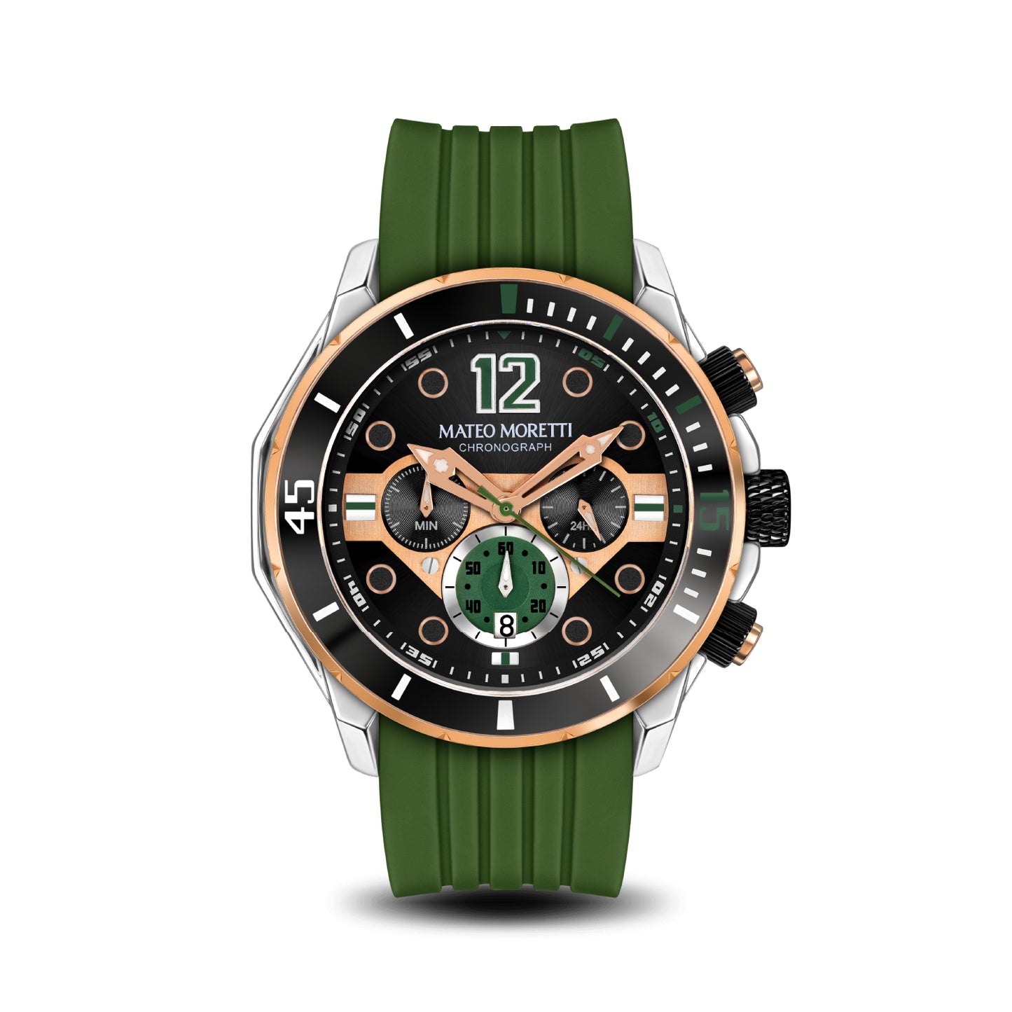 Front view of Mateo Moretti Natisone Sillaro luxury men’s watch with green strap and skeleton dial