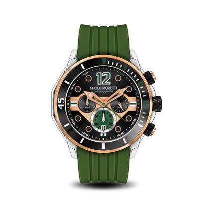 Front view of Mateo Moretti Natisone Sillaro luxury men’s watch with green strap and skeleton dial