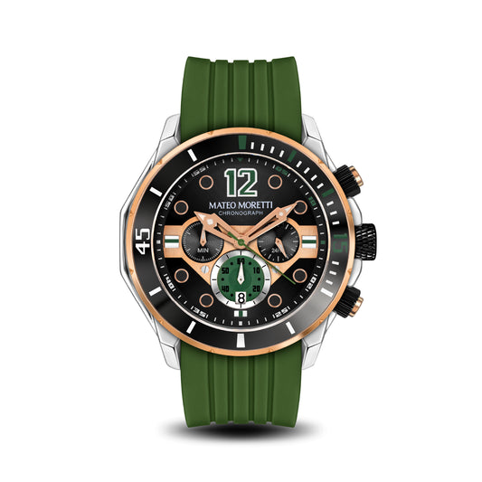 Front view of Mateo Moretti Natisone Sillaro luxury men’s watch with green strap and skeleton dial