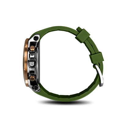 Side view of Mateo Moretti Natisone Sillaro men’s watch with green strap and skeleton details