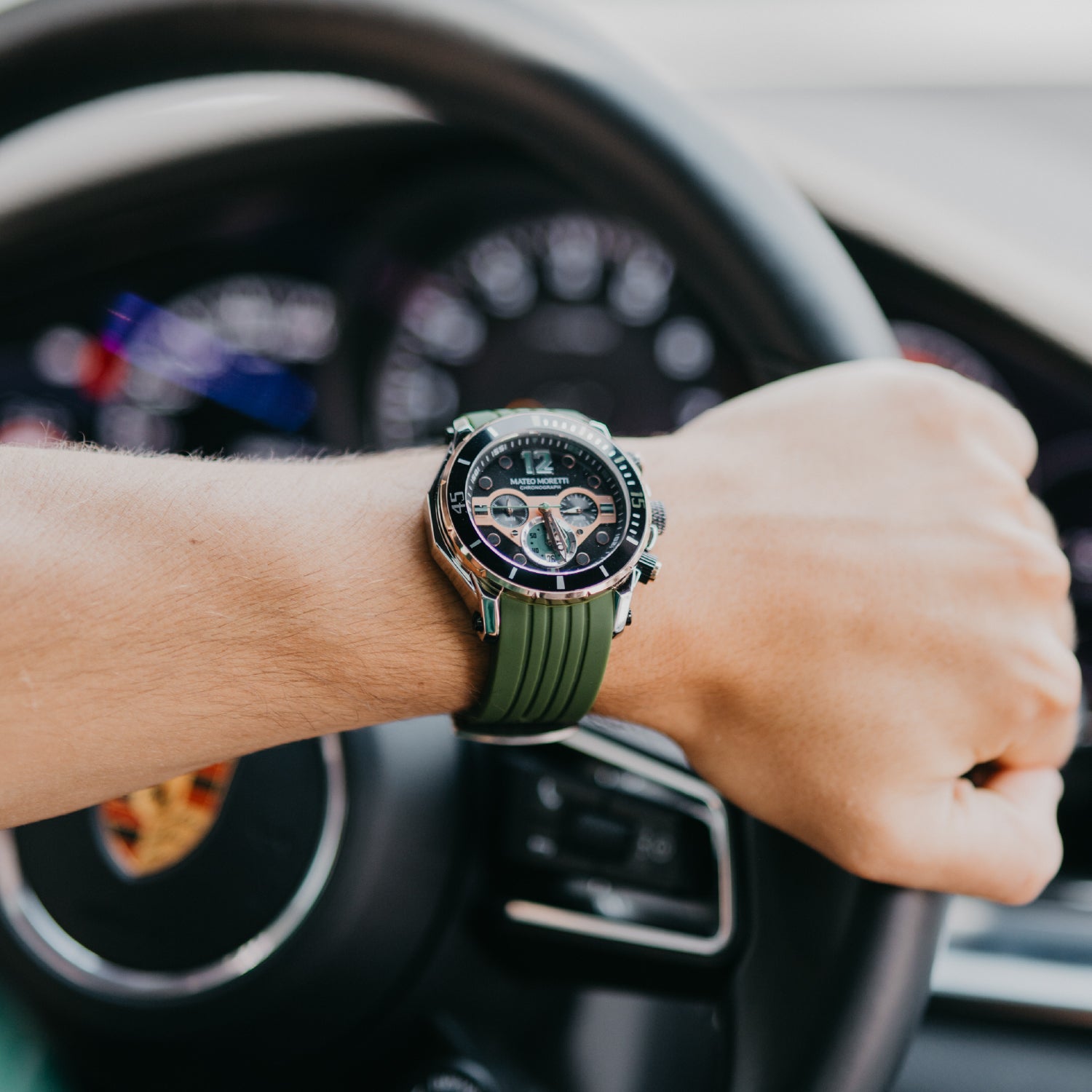 Mateo Moretti Natisone Sillaro luxury men’s watch with green strap and skeleton dial on wrist