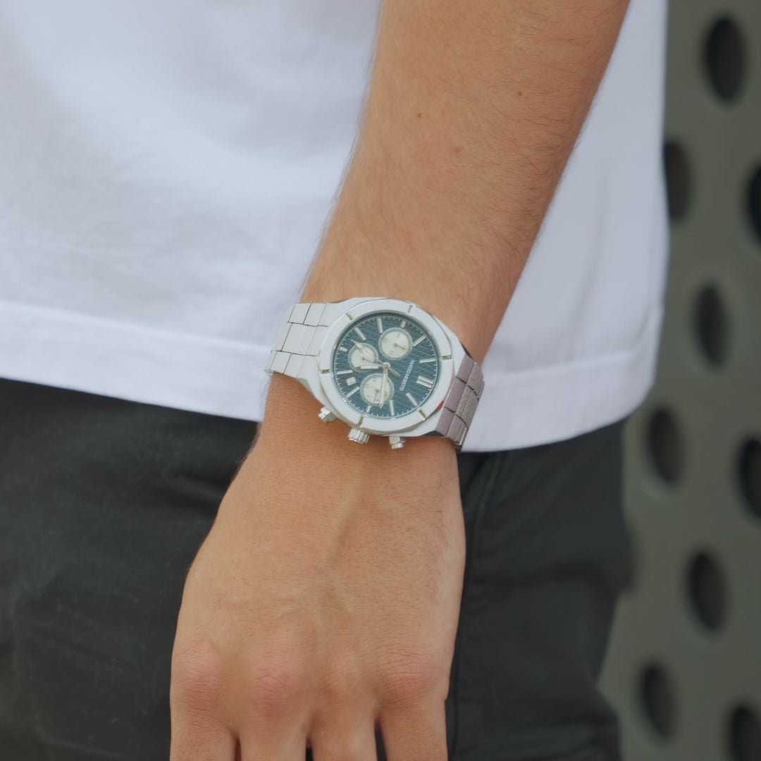 Mateo Moretti Basento Argento luxury men’s watch video showcase featuring silver bracelet, blue chronograph dial, close-up product details, wrist lifestyle shots, and cinematic presentation