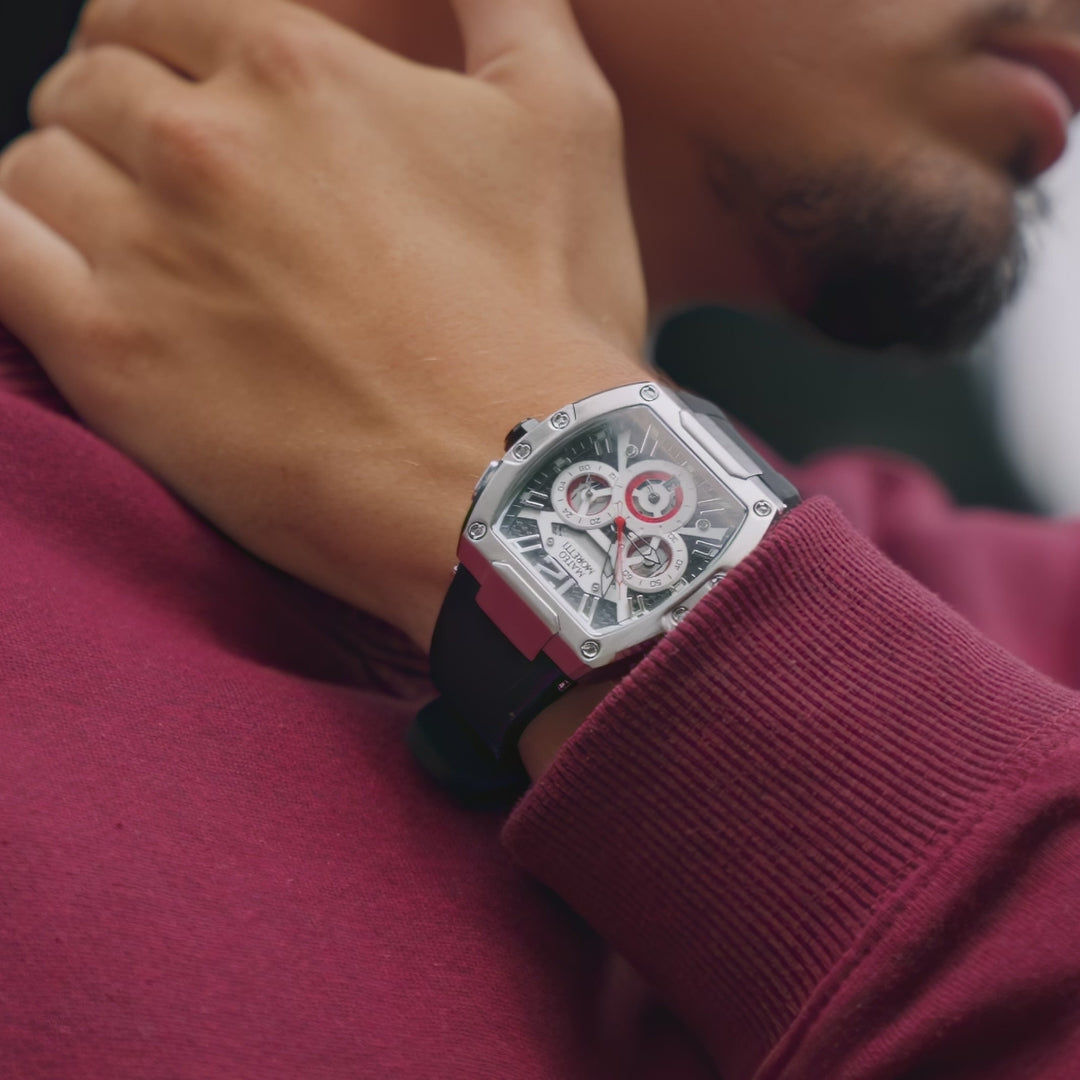 Mateo Moretti Anapo Argento luxury men’s watch video showcase featuring silver case, black strap, skeleton dial, close-up product details, wrist lifestyle shots, and cinematic presentation