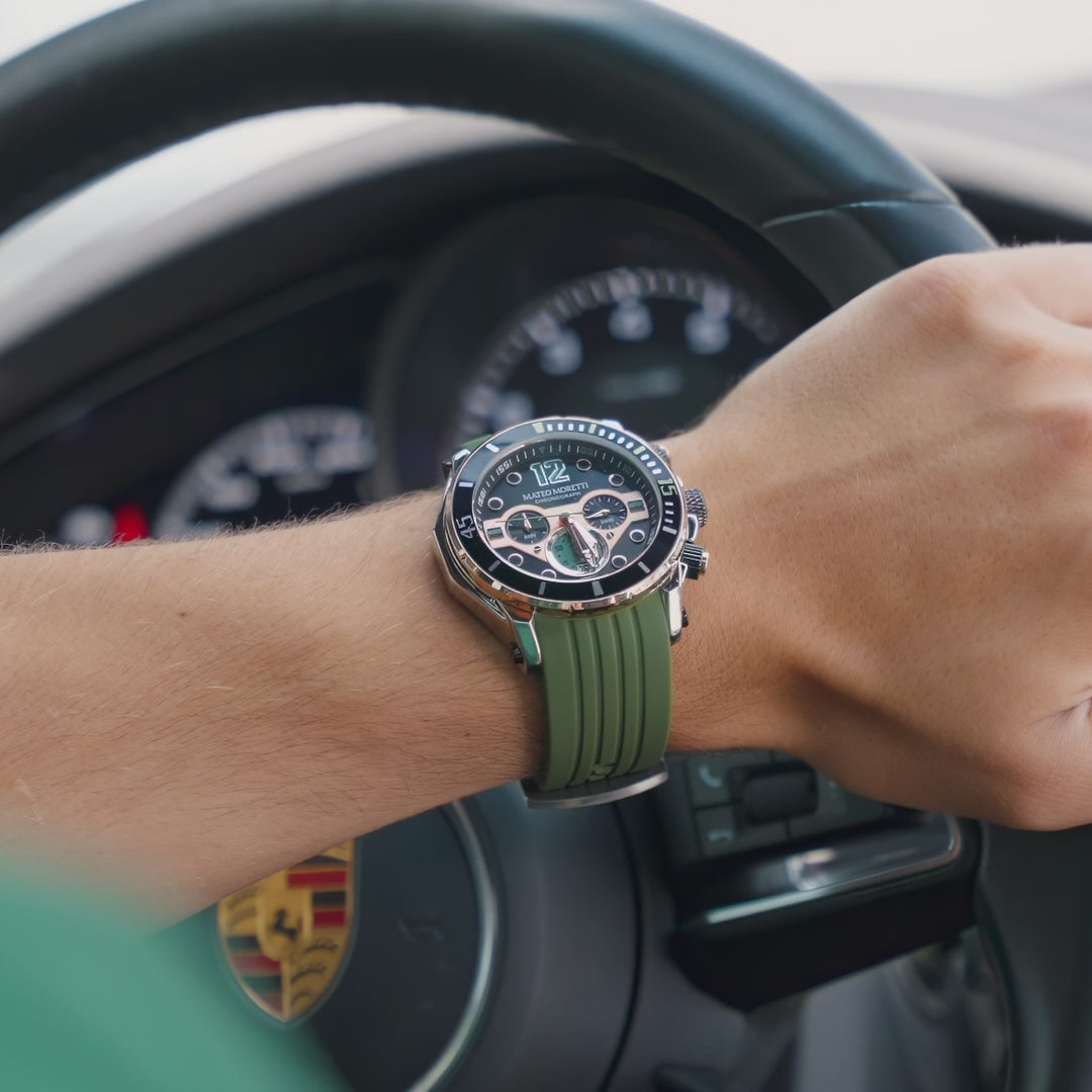 Mateo Moretti Natisone luxury men’s watch video showcase featuring close-up skeleton dial details, blue/green/orange strap variations, wrist shots, lifestyle scenes, and cinematic product presentation