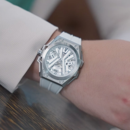 Mateo Moretti Chienti Bianco luxury men’s watch video showcase featuring white strap, silver skeleton dial, futuristic case design, close-up details, wrist shots, and cinematic lifestyle presentation
