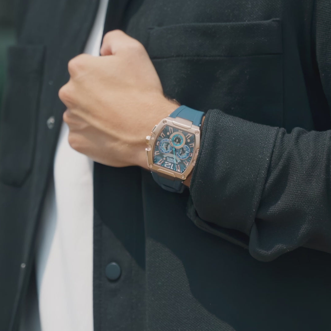Mateo Moretti Anapo Oro Rosa luxury men’s watch video showcase featuring rose gold case, blue strap, skeleton dial, close-up product details, wrist lifestyle shots, and cinematic presentation