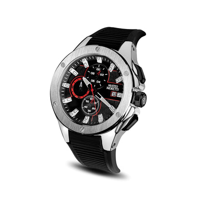 Mateo Moretti Sillaro Argento men’s chronograph watch with silver case, black strap, and red-accented dial – angled product photo