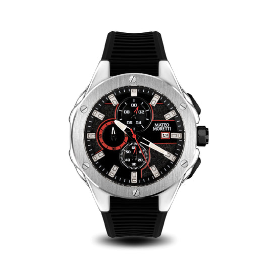 Front view of Mateo Moretti Sillaro Argento luxury chronograph men’s watch with silver case, black strap, and black dial with red accents